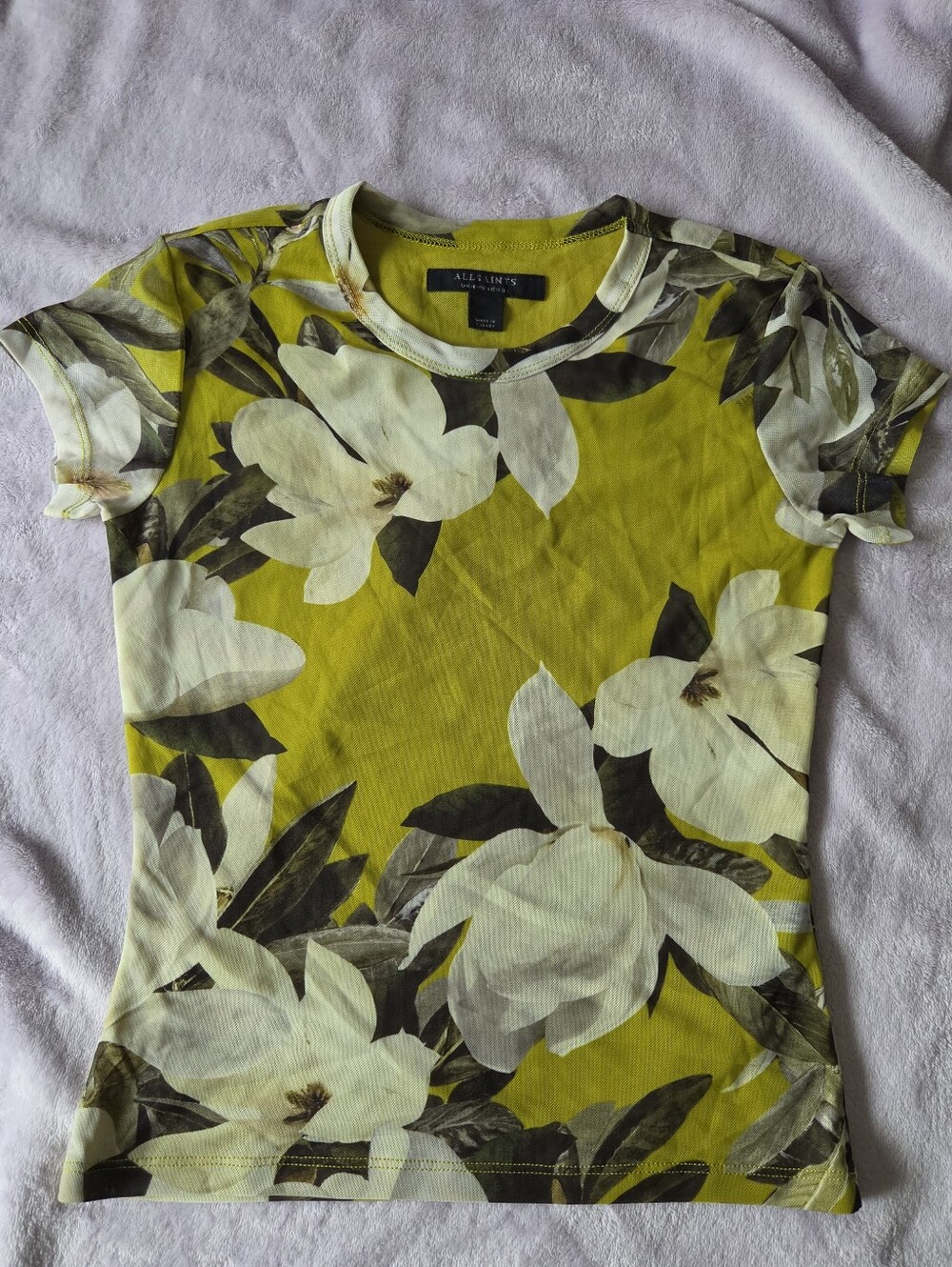 All Saints Ellie Mesh Tee Green Yellow Floral Short Sleeve Top -Size US 0 / UK 4